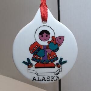 Alaska Eskimo Round Porcelain Christmas Ornament Travel Souvenir Fish